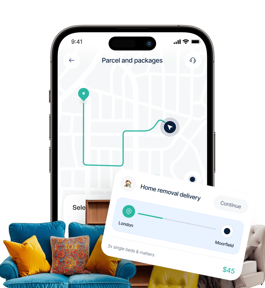 Giant Van app — services, quote, booking and tracking screens preview