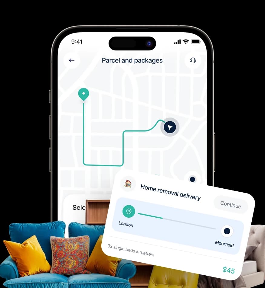 Giant Van app — services, quote, booking and tracking screens preview