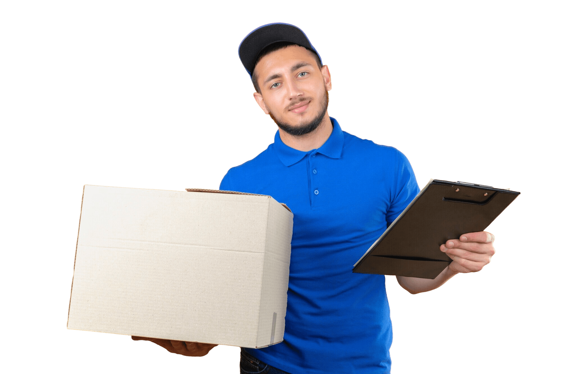 A Giant Van team member holding a clipboard and a moving box