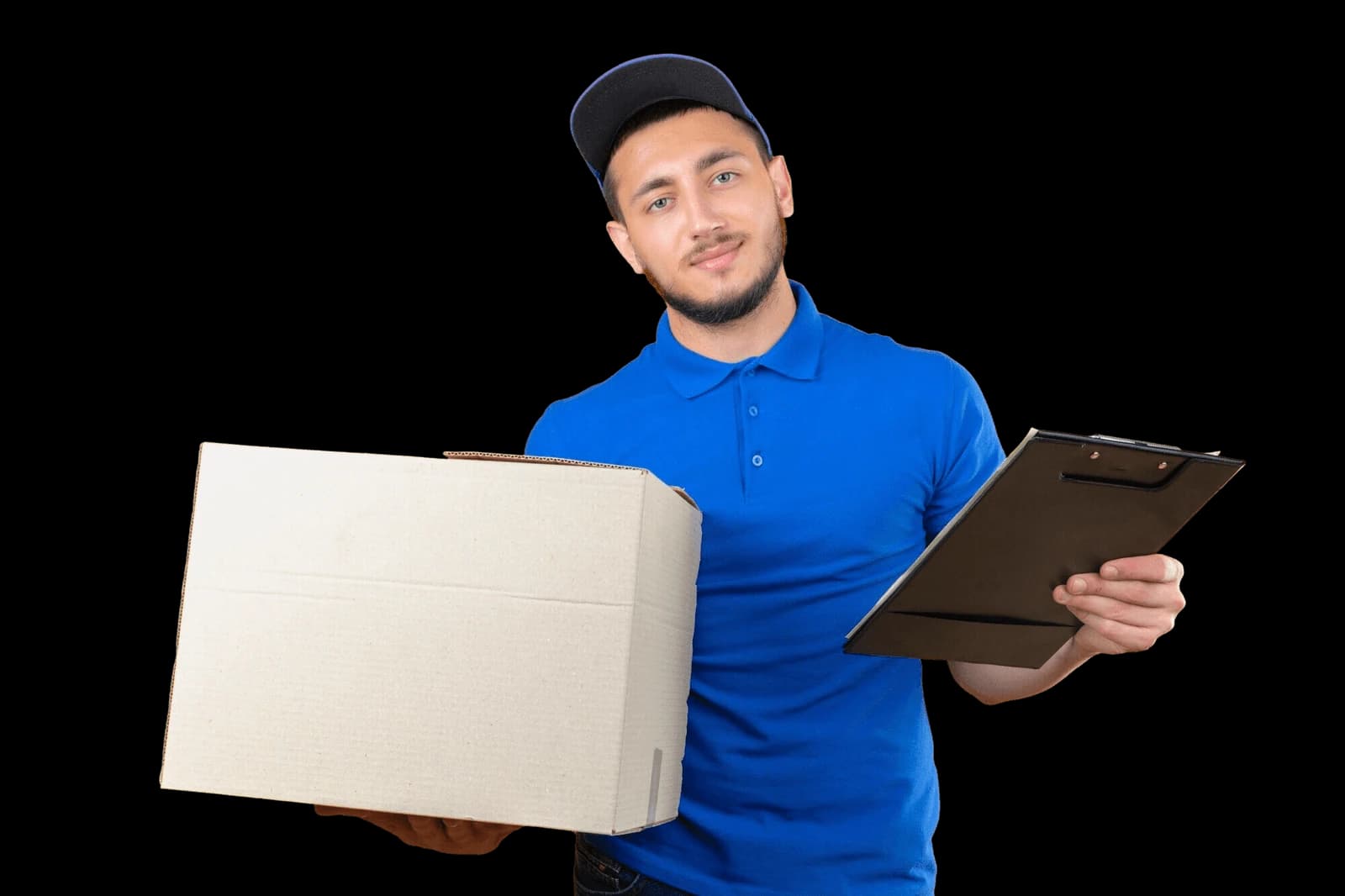 A Giant Van team member holding a clipboard and a moving box