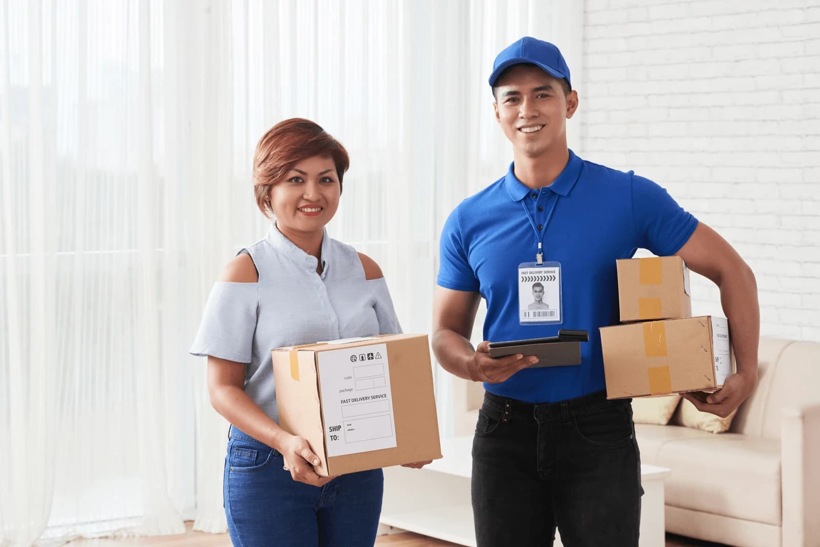 Customer service and delivery team members holding parcels