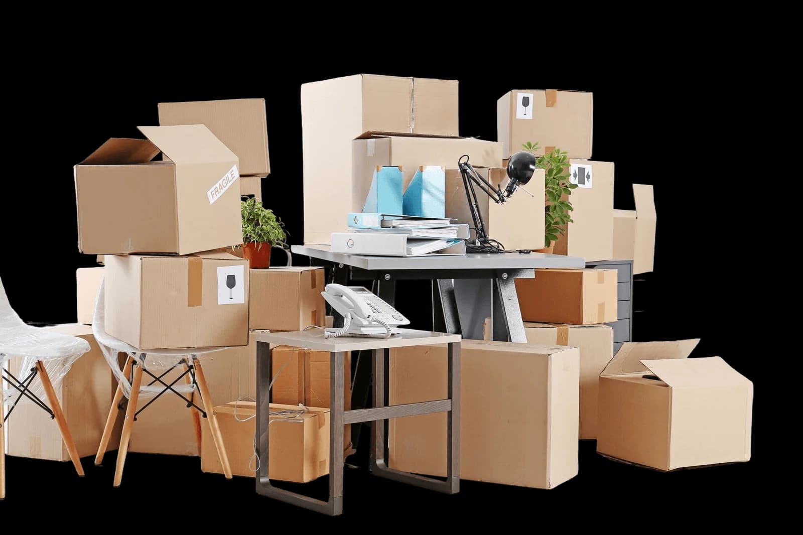 Boxes and furniture packed for storage transport