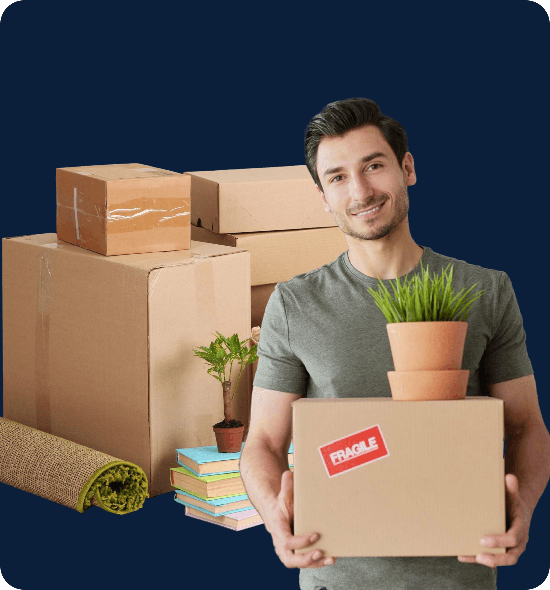 Mover carrying a recycled cardboard box with a plant, beside reusable packing materials