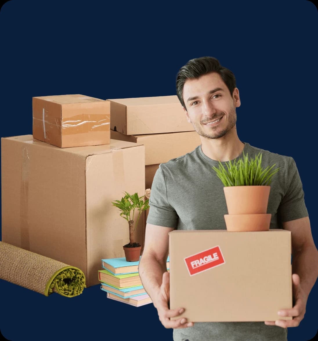 Mover carrying a recycled cardboard box with a plant, beside reusable packing materials
