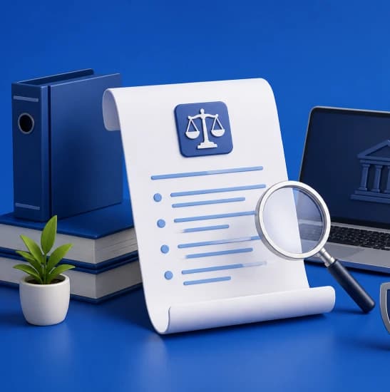 Scales of justice and law books examined with a magnifying glass beside a legal document