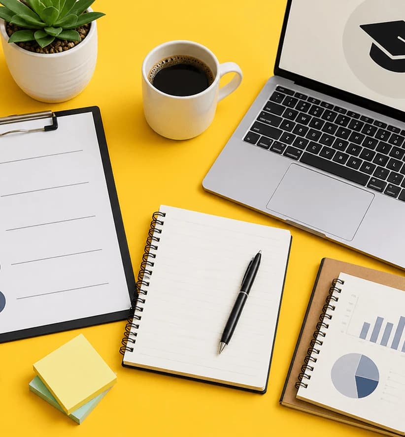 Desk with a laptop showing a graduation cap, notebooks, charts and coffee