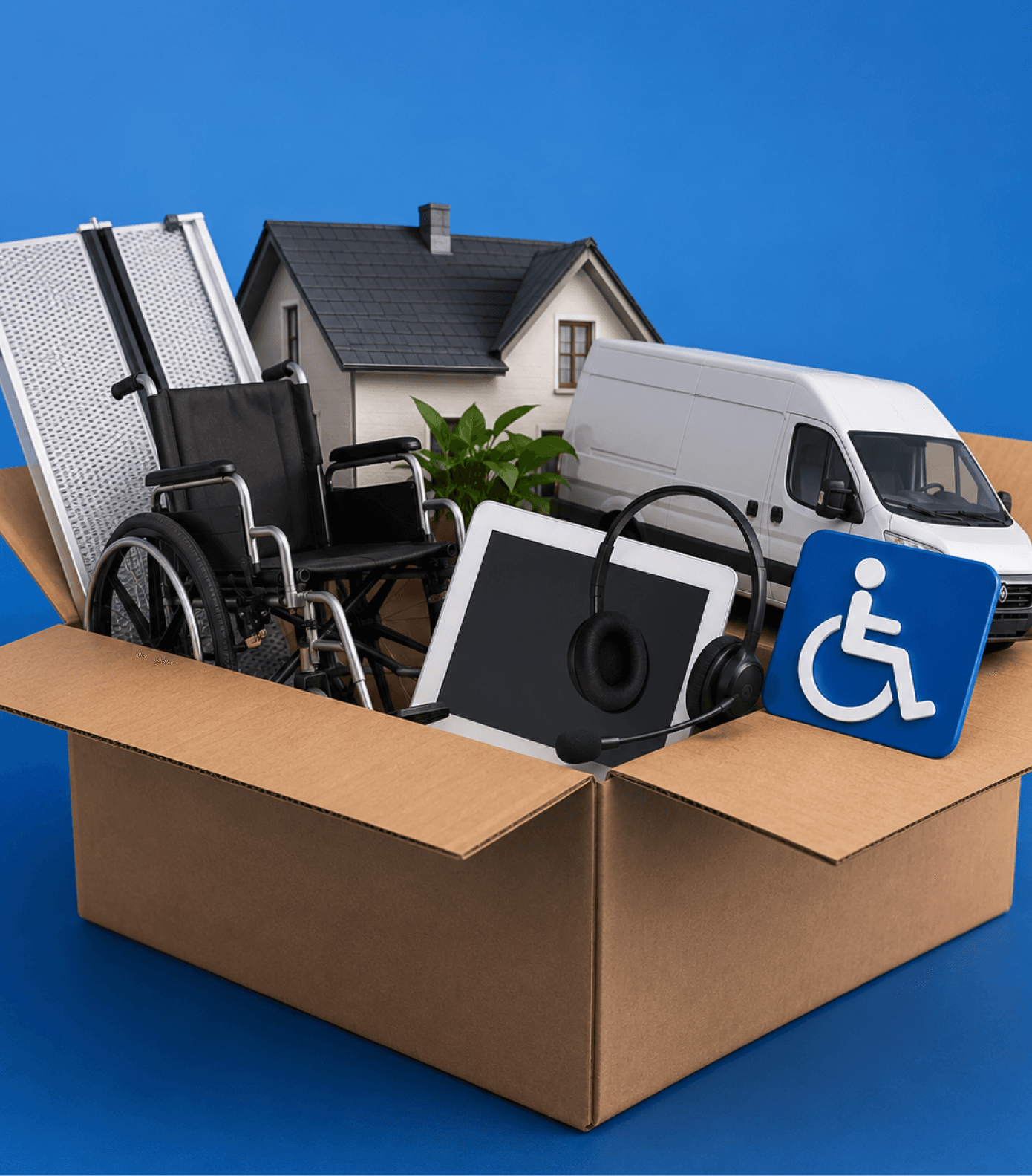 Accessible Giant Van removals — wheelchair, headphones and disability symbols in a moving box