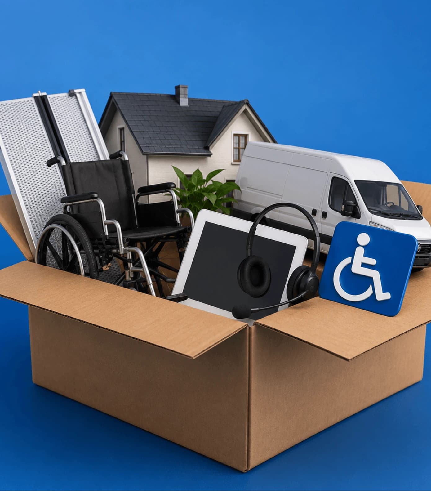 Accessible Giant Van removals — wheelchair, headphones and disability symbols in a moving box