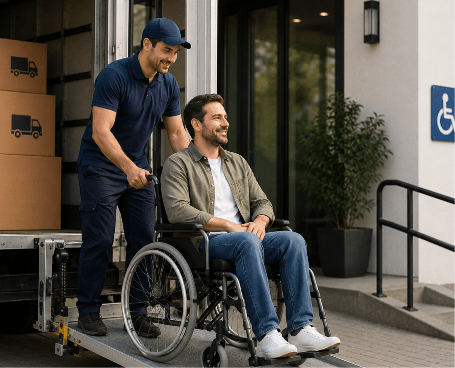 Giant Van crew member safely assisting a customer who uses a wheelchair during a move