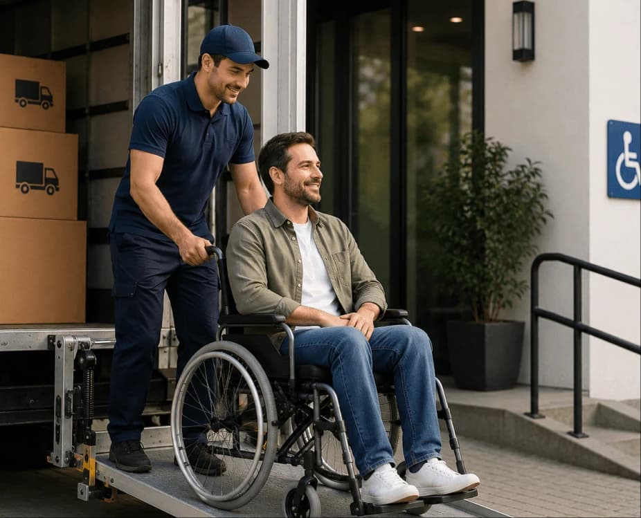 Giant Van crew member safely assisting a customer who uses a wheelchair during a move
