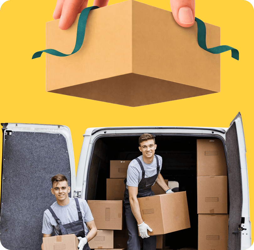 Two movers loading boxes into a van for a weekend removal