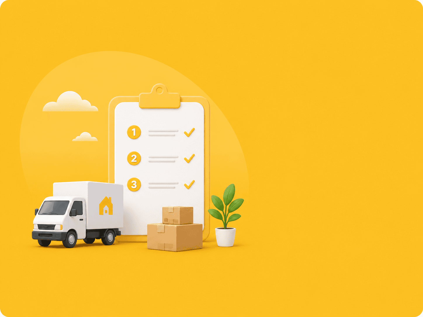 Illustration of completing a Giant Van booking — a checklist, packed boxes, and a removal van ready to go.