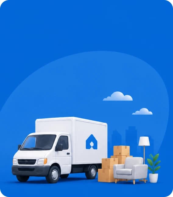 Moving van, packed boxes and a saved-quote summary card