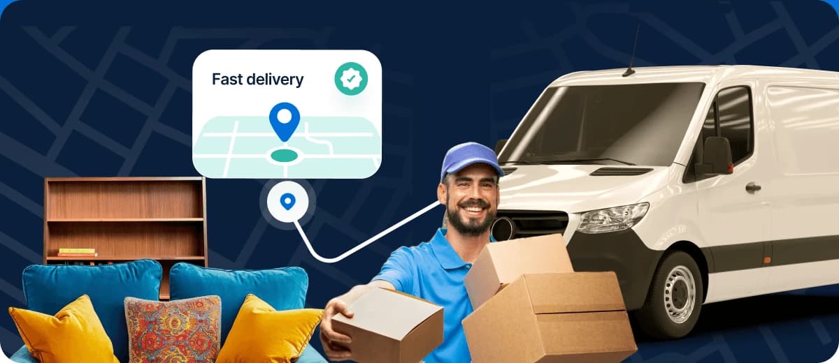 Giant Van driver with boxes beside a van, with a live same-day tracking card