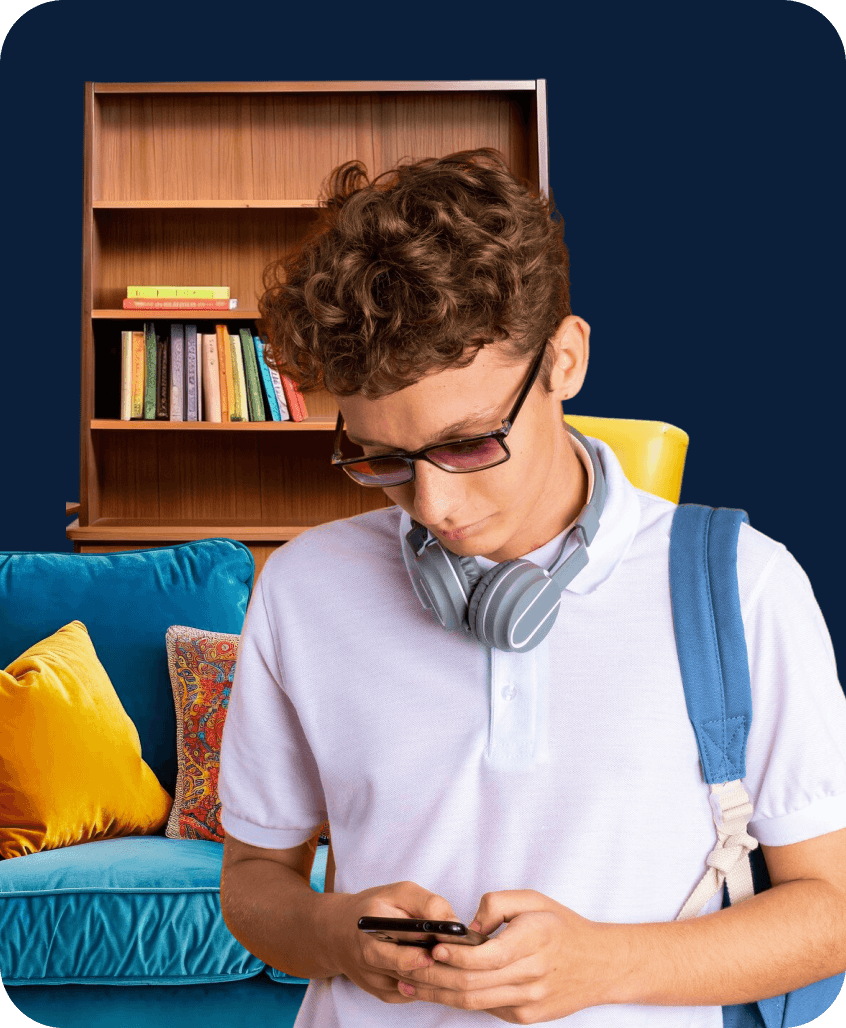 Student arranging a same-day move with headphones and a backpack