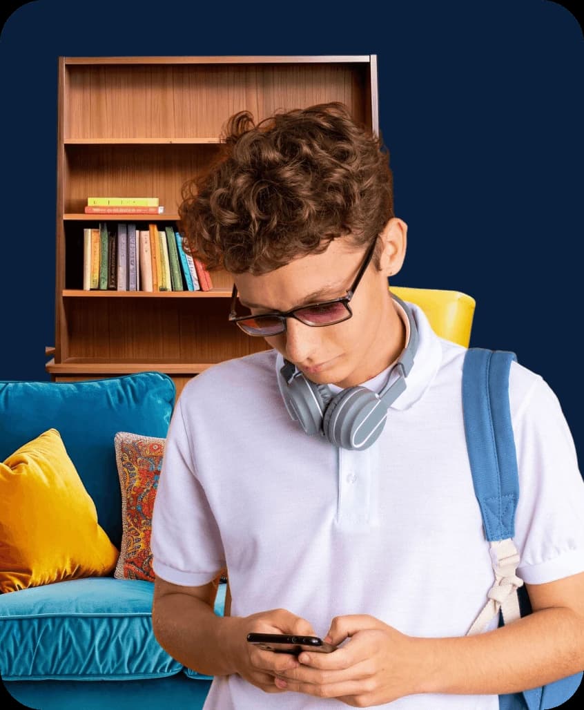 Student arranging a same-day move with headphones and a backpack