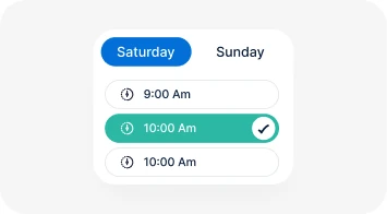 Day and time picker mockup showing Saturday and Sunday slots