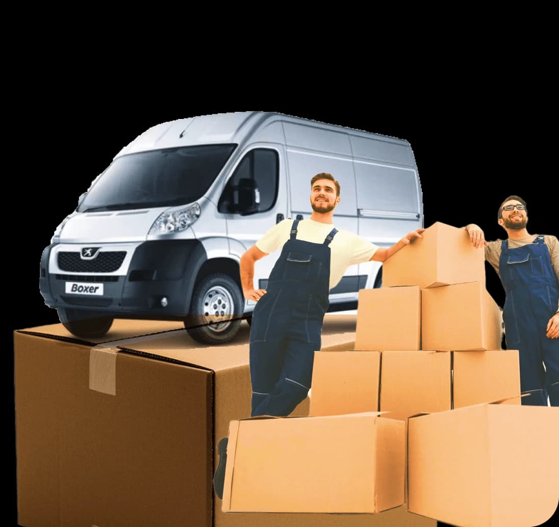 Giant Van crew standing with a van and stacked boxes, ready for an evening move