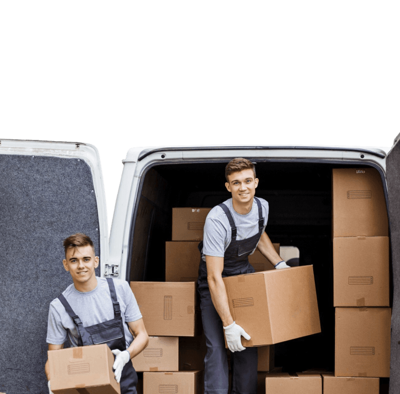 Two Giant Van movers unloading a fully-stacked van of cardboard moving boxes — book 2 men and a van today