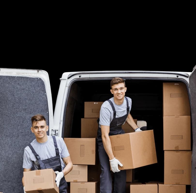 Two Giant Van movers unloading a fully stacked van of cardboard moving boxes