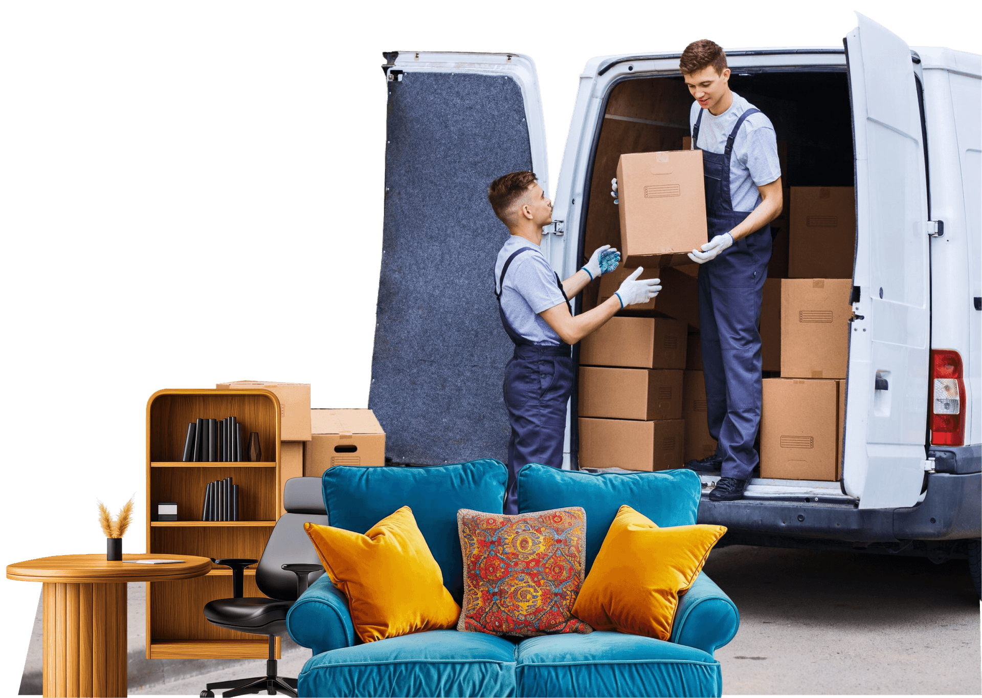 Two Giant Van movers loading a flat-pack and stacked boxes into a Luton van — 2 men, 1 van crew for heavy and stair-carry jobs