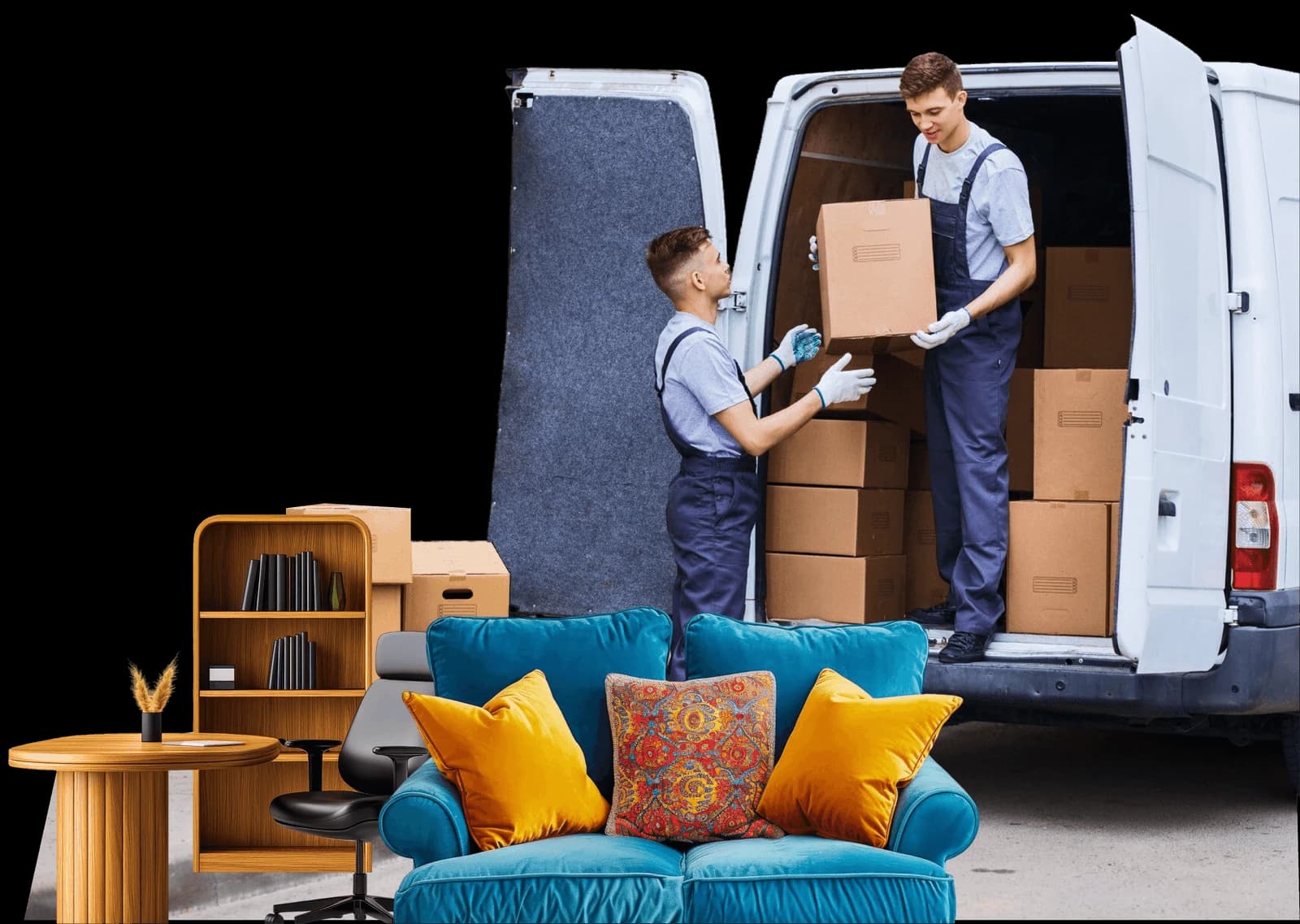 Two Giant Van movers loading a flat-pack and stacked boxes into a Luton van