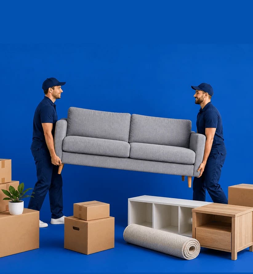 Two Giant Van movers carrying a grey sofa together