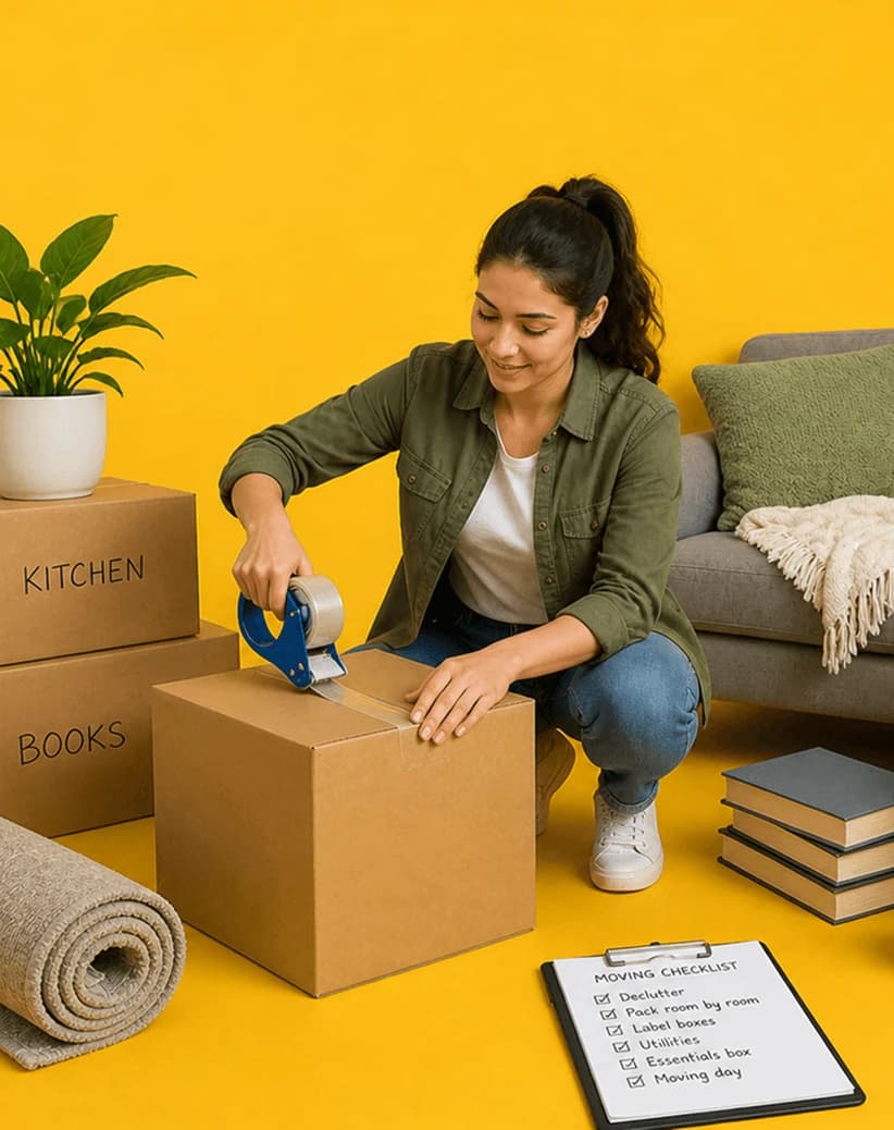 Woman taping a labelled cardboard moving box beside a kitchen box and a stack of books