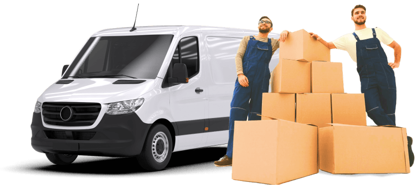 White Mercedes Sprinter van with two Giant Van crew members and a stack of cardboard moving boxes — 2 men and a van rural area service