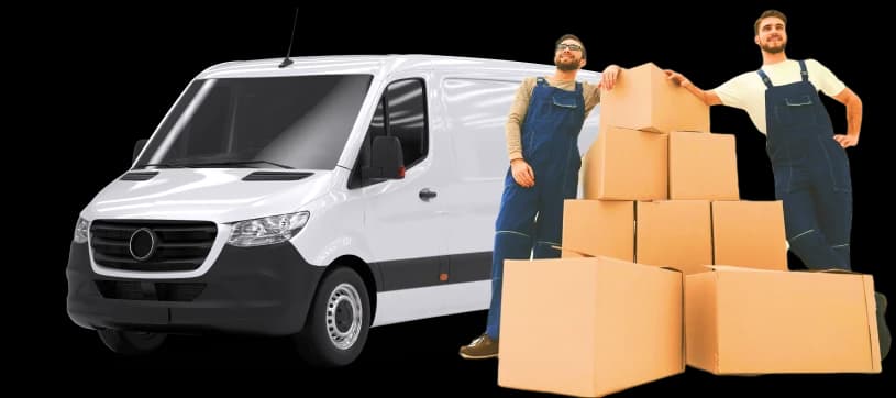 White Sprinter van with two Giant Van crew members and a stack of moving boxes