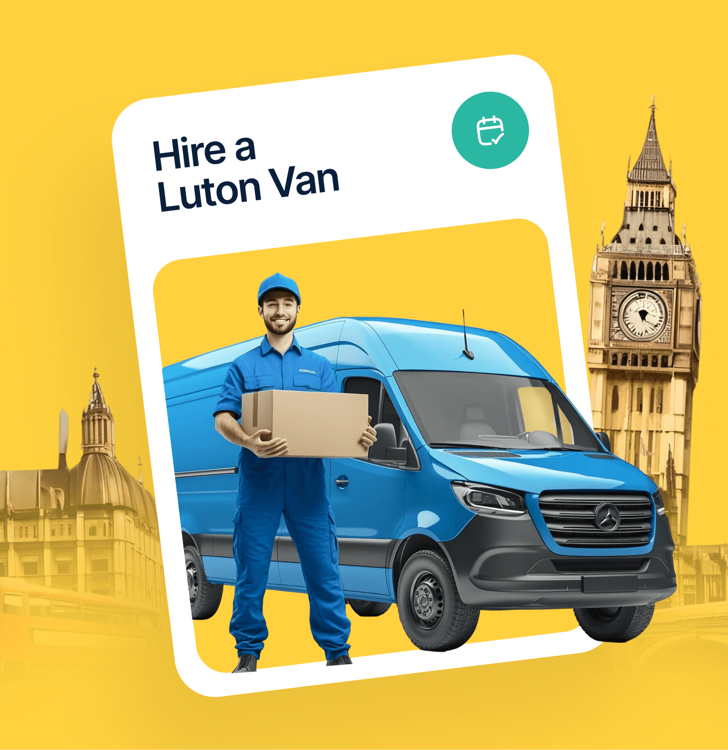 Giant Van's blue Luton van with the driver beside it, ready for a UK city booking — hire a Luton van with driver