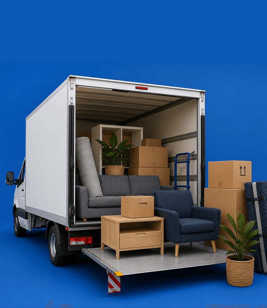 Luton van with tail lift deployed, loaded with a sofa, armchair, side tables, and moving boxes ready for transport