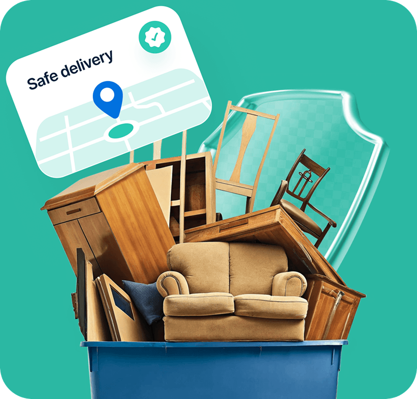 Giant Van insurance and protection illustration showing safe-delivery card, household furniture, and protective wrap for a 2 bed move.