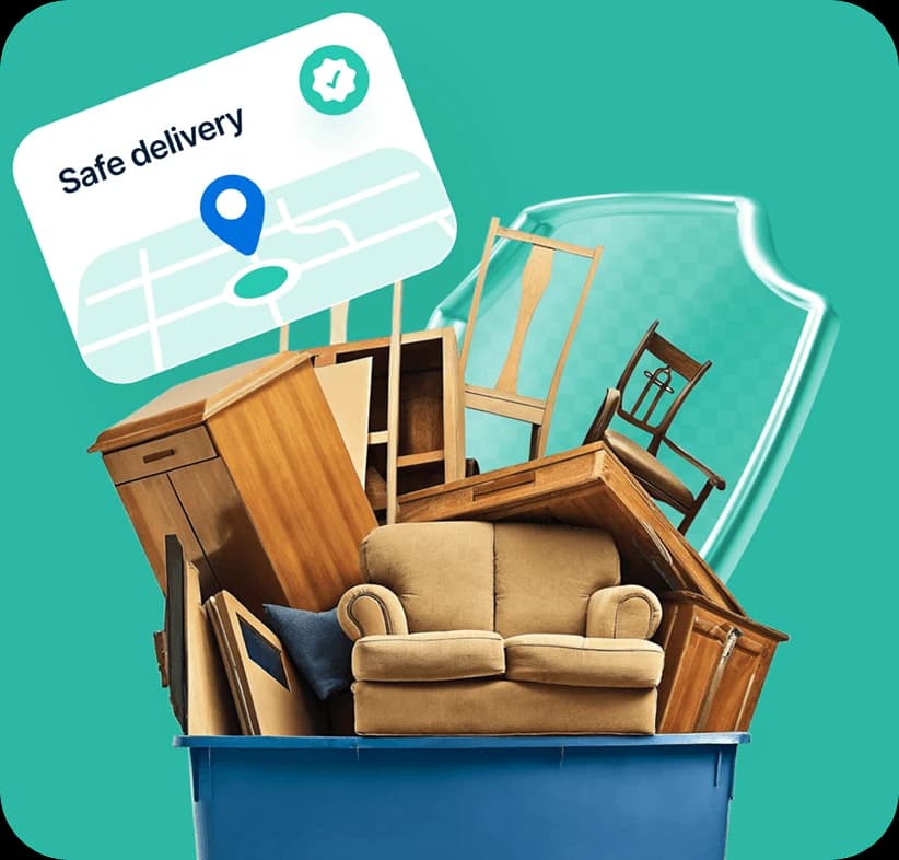 Safe-delivery card, household furniture and protective wrap for a 2 bed move