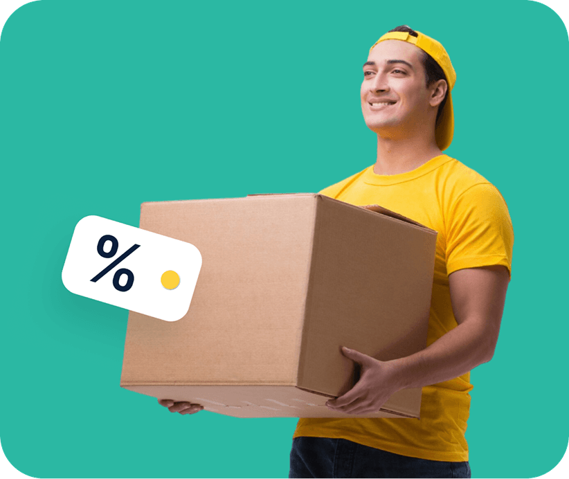 Giant Van mover with a moving box and a percentage discount badge representing 45% savings on 2 bed house removals.
