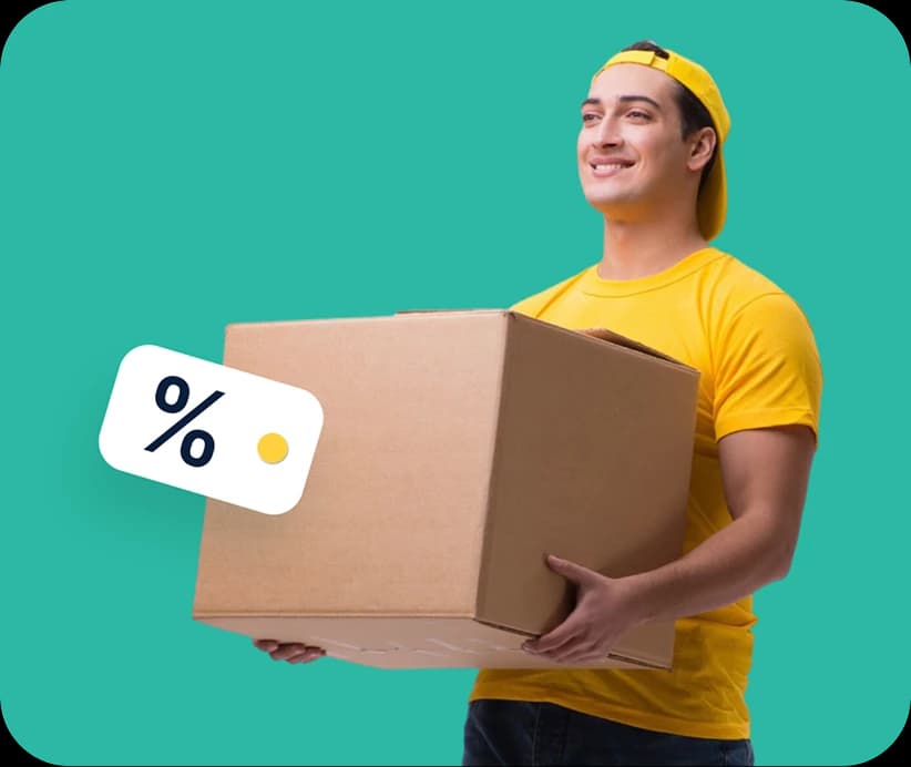 Giant Van mover holding a moving box beside a percentage discount badge