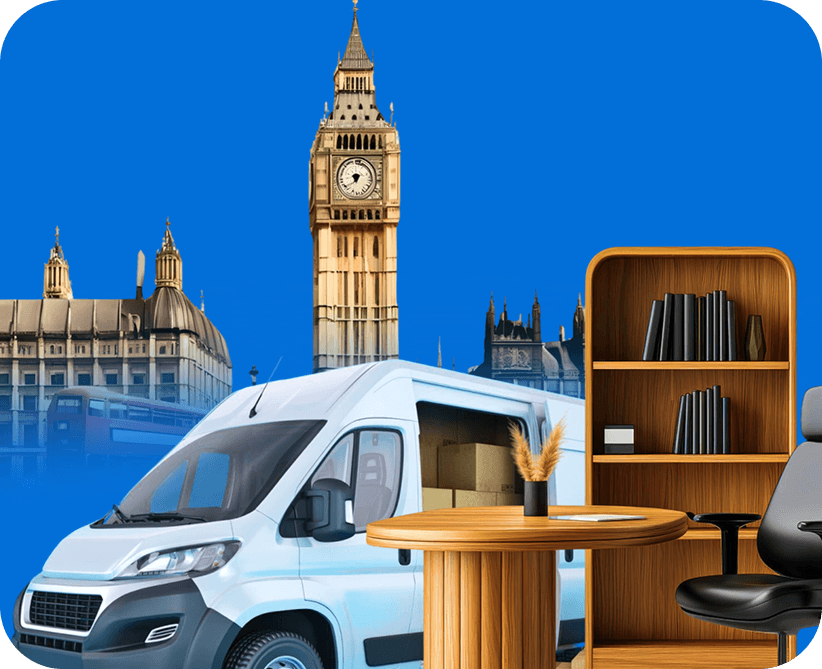 Giant Van large removal van and city skyline representing a 2 bed house removal across the UK.