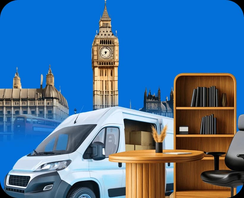Giant Van large removal van and city skyline representing a 2 bed house removal across the UK.