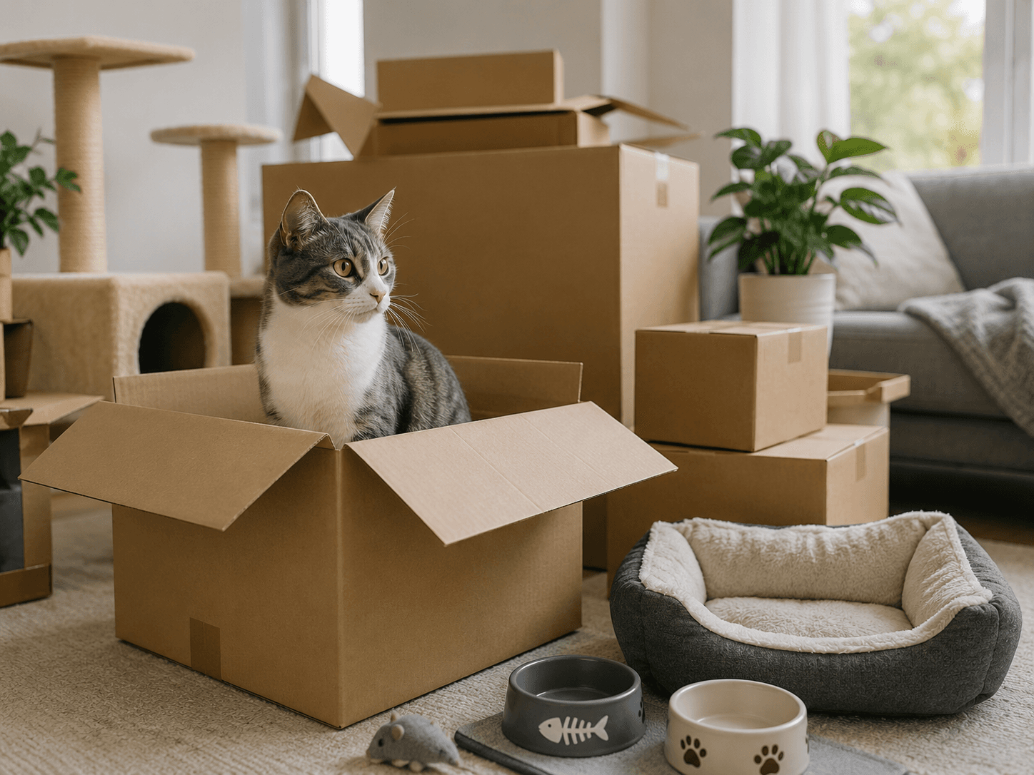 Cat in carrier alongside packed boxes — moving-with-cats scenarios (rented, multi-cat, elderly)