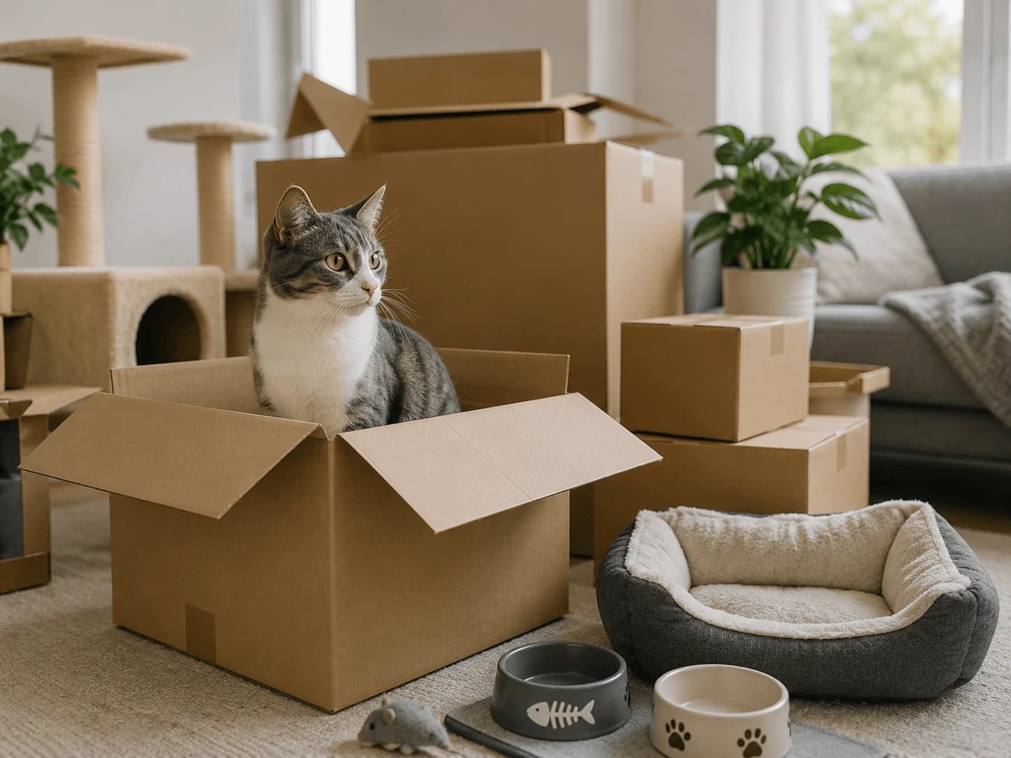 Cat in carrier alongside packed boxes — moving-with-cats scenarios (rented, multi-cat, elderly)