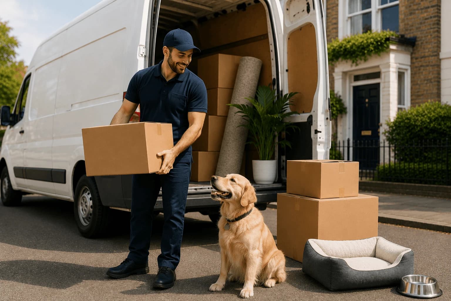 Giant Van team with pet-friendly removal van and golden retriever