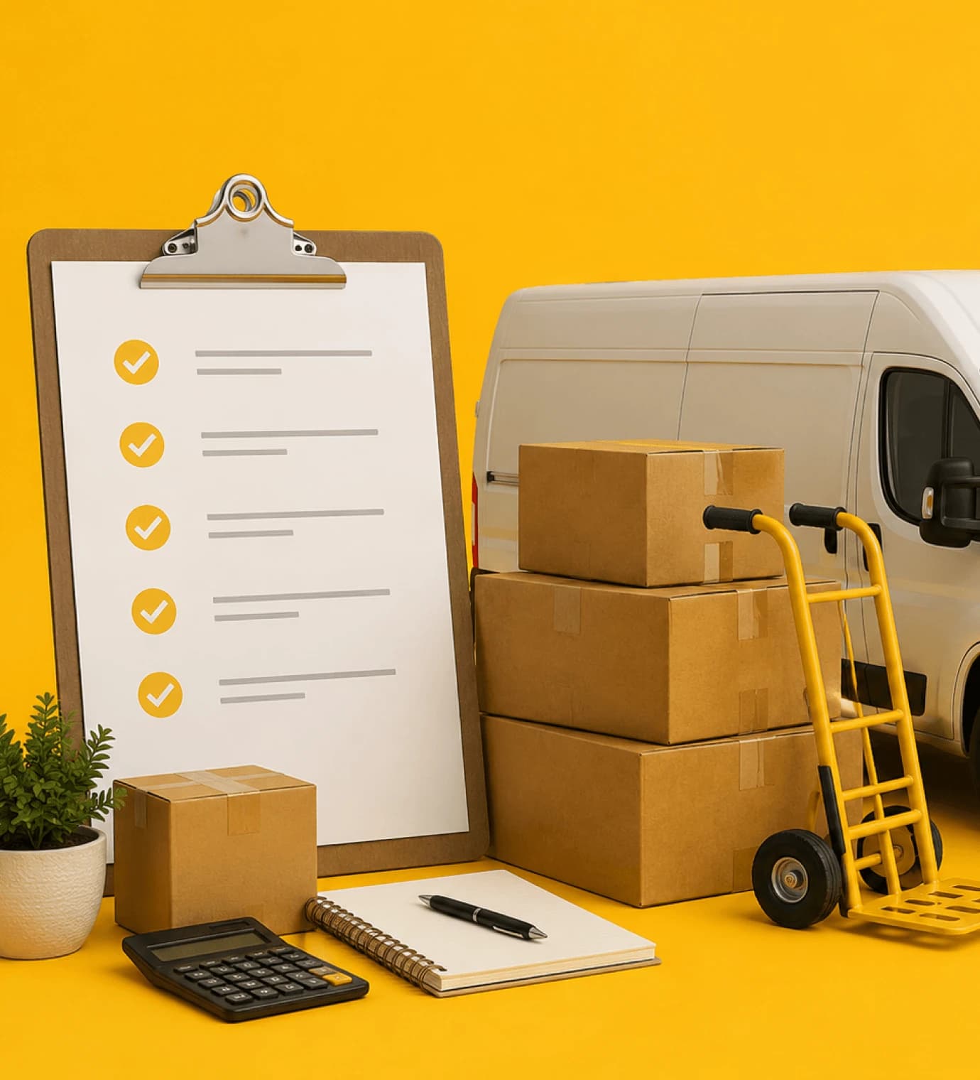 Giant Van transparent removal pricing — calculator, clipboard checklist, moving boxes and van