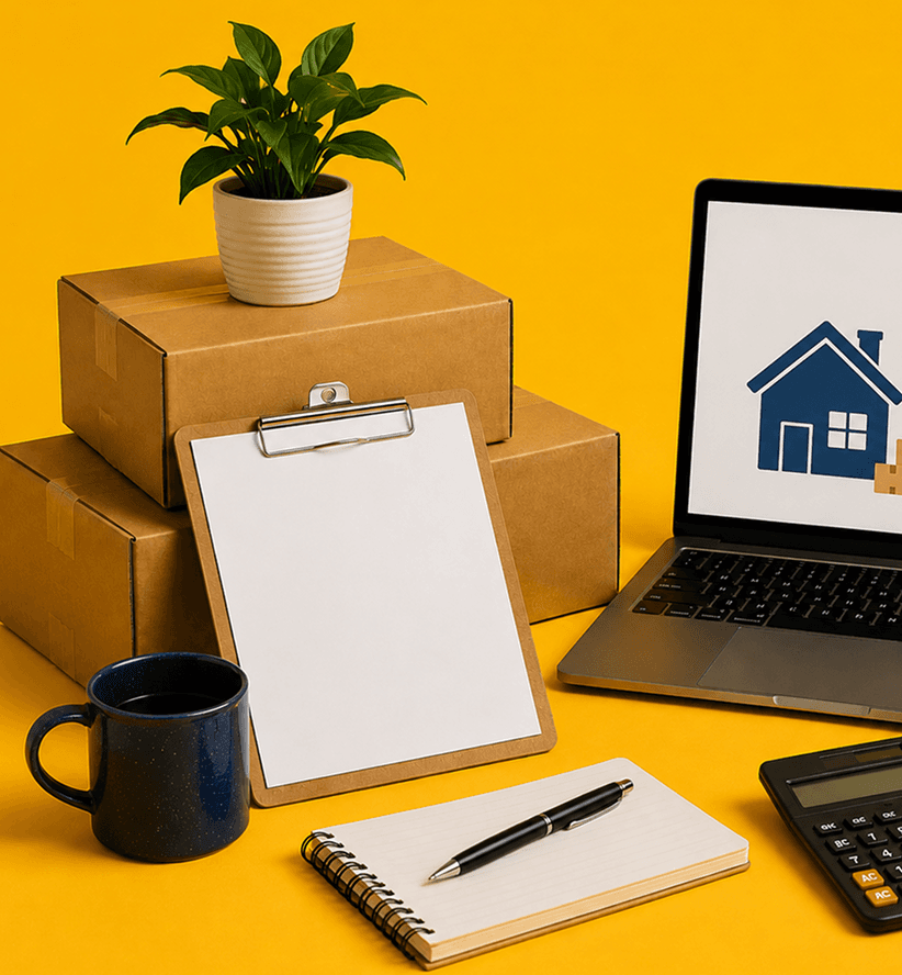 Giant Van online quote calculator — laptop, boxes, and clipboard for guaranteed removal pricing
