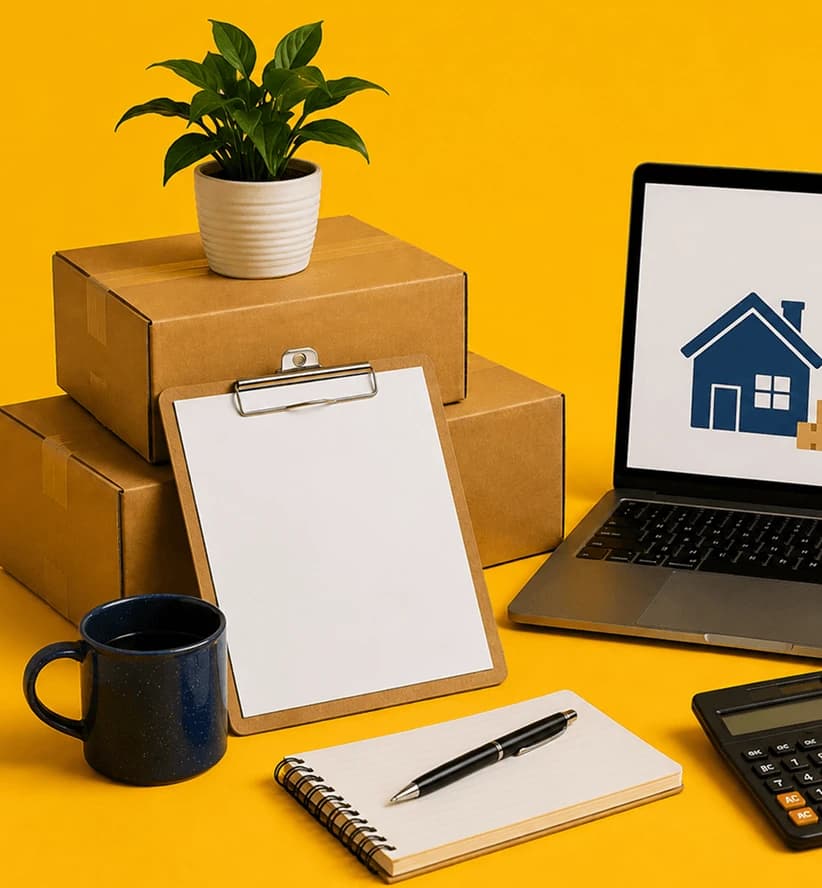 Giant Van online quote calculator — laptop, boxes, and clipboard for guaranteed removal pricing