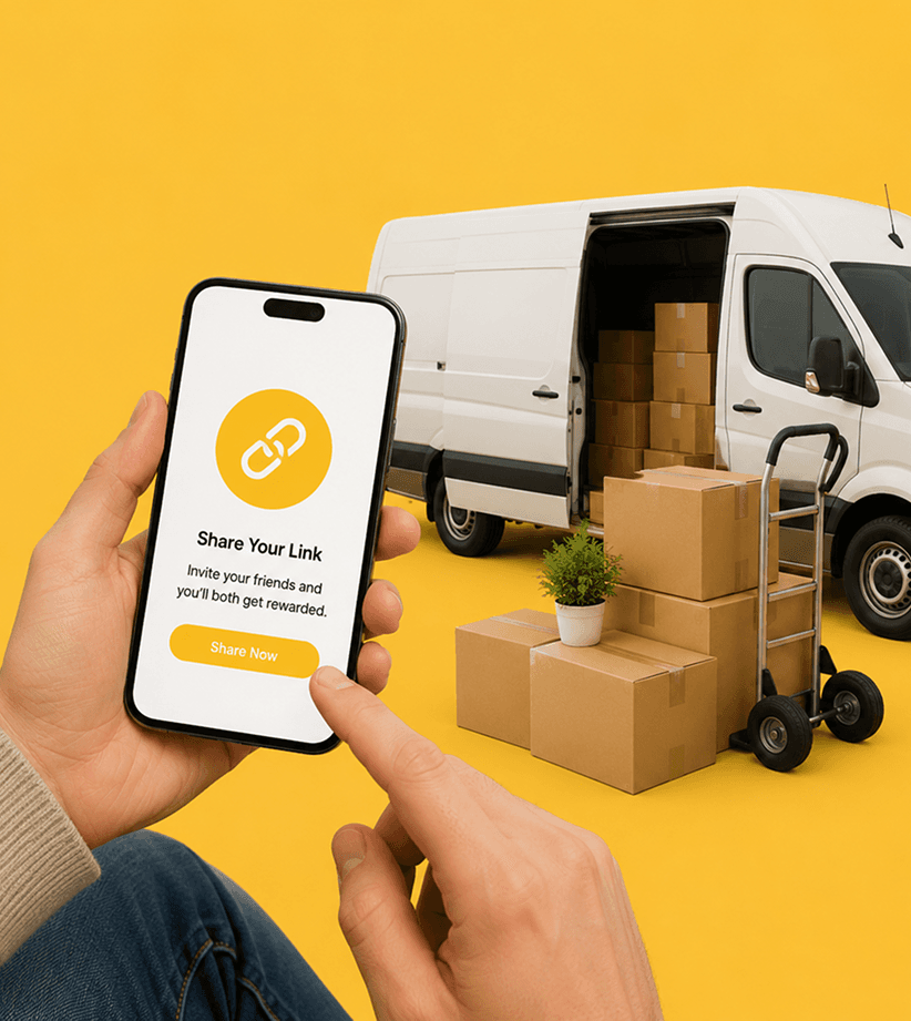 Three steps to refer a friend to Giant Van — share your unique referral link, your friend books their removal, you both earn £25 credit.