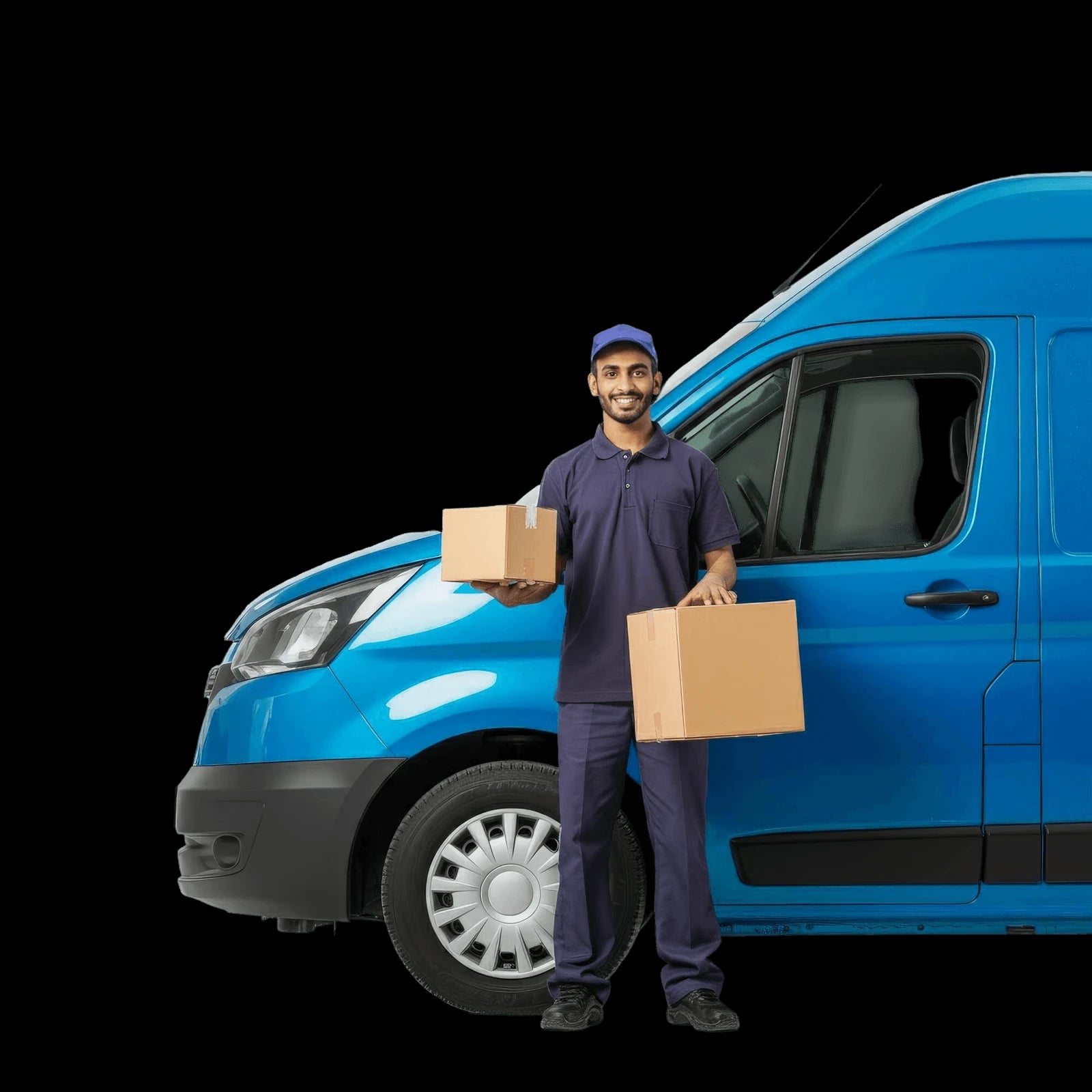 Illustration of a driver holding boxes beside a van