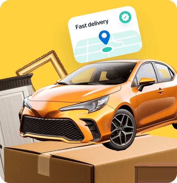 Orange hatchback car resting on a cardboard box beside a 'fast delivery' tracking card