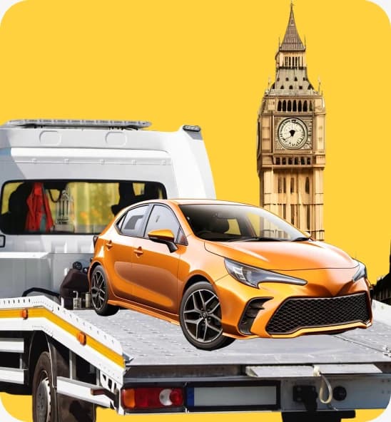 Orange hatchback car loaded onto a flatbed recovery truck in front of Big Ben