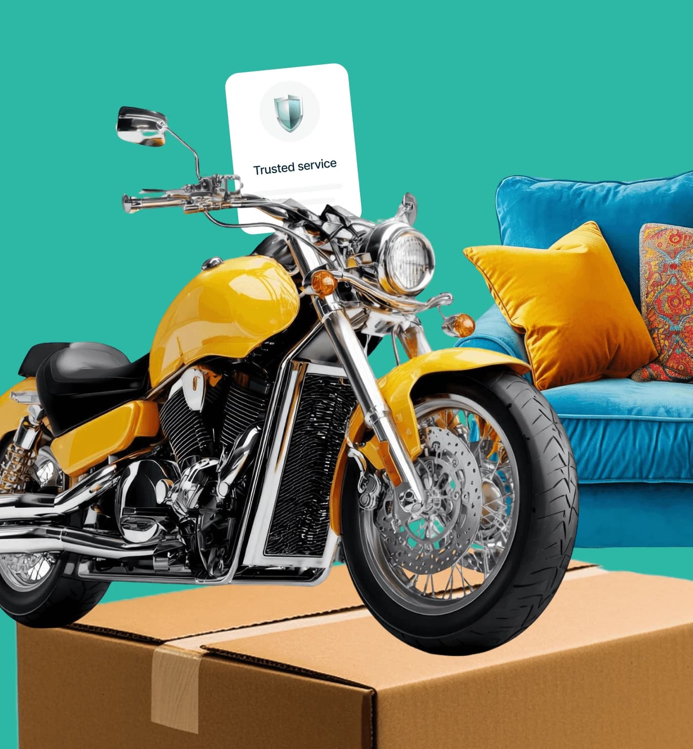 Workers loading a transport van with motorcycle and boxes